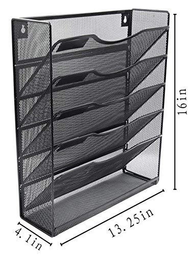 Klickpick Office 5 Sections Hanging Files Wall Mounted Metal Mesh Document File Organizer Magazine Holder Rack Desk Organizer Racks Multipurpose Use To Display File(Black, 5 tray wall racks New style) - Thumbnail 2