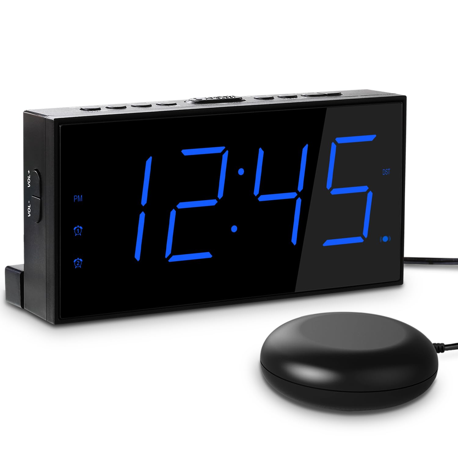 Mesqool Loud Alarm Clock with Bed Shaker for Deaf, Heavy Sleepers, Hearing Impaired,Dual Alarm,USB Phone Charger,Large LED Display,Big Snooze Button,DST 12/24H,Battery Backup, Adjustable Dimmer(Blue)