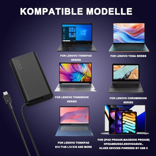65 W USB C Power Supply Charging Cable Compatible with Lenovo ThinkPad X1 Z13 X13 L14 E14 P14s E15 P15s E15 P16s IdeaPad Slim 5 5i 3 3i Yoga 6 7i Pro 7 Ideapad Flex 3 5 ThinkBook 13s 14G3 14G4 Laptop Charger