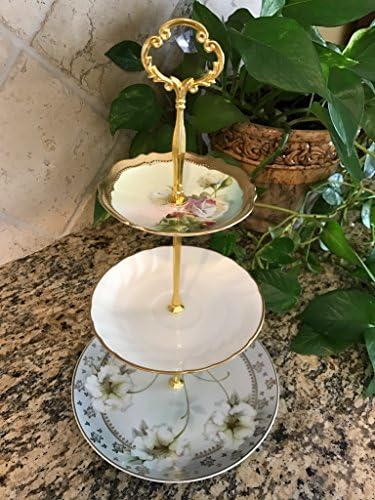 Three Tier Stand, Jewelry Stand, Vanity Stand, Cake Plate, Tray, Mismatched Plates, Cupcake Stand, Dessert, Appetizer, Tidbit, Vintage, Antique, Cream, Hand Painted Floral