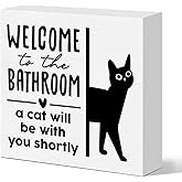 Funny Bathroom Decor Welcome to the Bathroom Wooden Box Sign Black Cat Sign for Home Toilet Restroom Shelf Tabletop Desk Cat Lover Mom Dad Gift 5 X 5 Inches