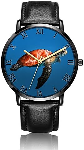 Whiterbunny Customized Melancholy Sea Turtle Wrist Watch Unisex Analog Quartz Fashion Black Leather Strip/Black Dial Plate for Women and Men