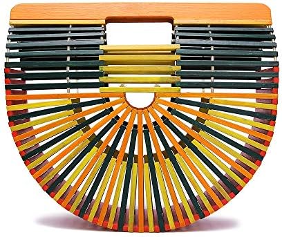 YNNB Fashion Splice Woven Bag, Womens Handmade Bamboo Wood Rattan Woven Handbag Holiday Beach Bag Wild Shopper Basket for Travel Shopping and Everyday Use