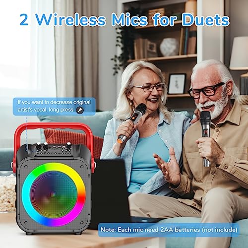 VerkTop Karaoke Machine, Bluetooth Karaoke Speaker Machine for Adults Kids with 2 Wireless Mics, Portable PA System with Colorful LED Party Lights, Supports TWS/USB/Bluetooth/TF/AUX