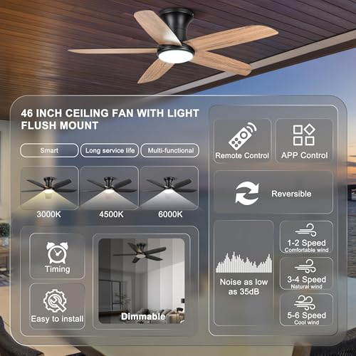 Ohniyou Ventilador de techo empotrable de 46 pulgadas con luces, control remoto/APP, luz regulable, motor DC silencioso, ventiladores de techo de interior para dormitorio cocina, negro