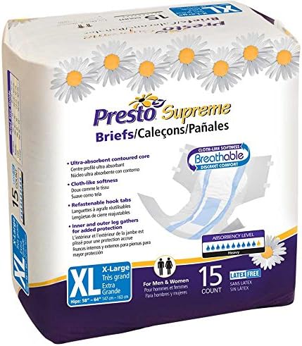 Presto Breathable Briefs Ultimate Absorbency X-Large, 58" - 64" Waist, Unisex, Pack of 15