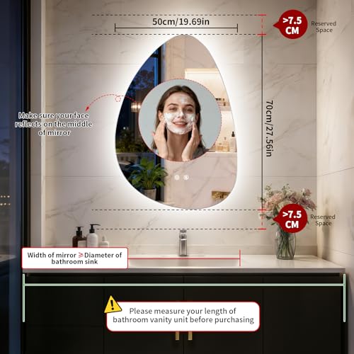 LED Irregular Wall Vanity Mirror, 50x70CM Backlight Mirror with Defogger, 3 Light Colors Stepless Dimming, Frameless Aesthetic Glass for Bathroom Tempered Glass