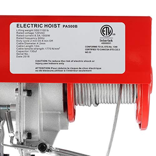 Partsam 1100 lbs Lift Electric Hoist Crane Remote Control Power System, Zinc-Plated Steel Wire Overhead Crane Garage Ceiling Pulley Winch w/Premium Straps (w/Emergency Stop Switch) - Image 2