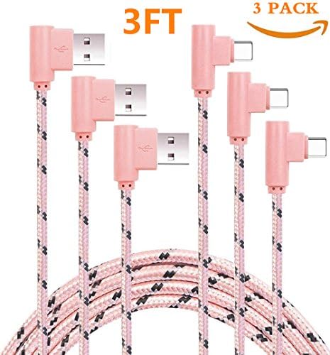 Right Angle USB C Cable, Type C 90 Degree Cable, Braided USB Type C Long Cord Fast Charging Sync Cable for Samsung Galaxy S9 S9 Plus S8 ,Note 8,LG V30 G6 G5 V20,Moto Z2,etc. (Pink/Black) (2Pack 3FT)