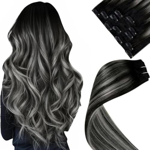 LaaVoo Clip in Extensions Echthaar Ombre Schwarz 55cm Silber Clip in Haarverlängerung 80g 5pcs Clip Echthaar Balayage Extensions Remy Human Hair Extensions Schw