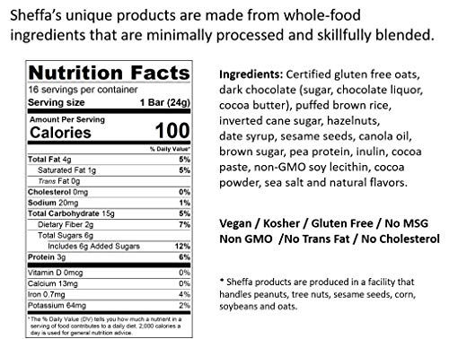 Sheffa Granola Bars Dark Chocolate 0.85 Oz (Pack Of 16) Healthy Crunchy Kind Of Snack Kosher Gluten Free Vegan Low Sodium, Calorie, Carbs for Weight Wacthers Coffee Cereal Breakfast Work Diabetics