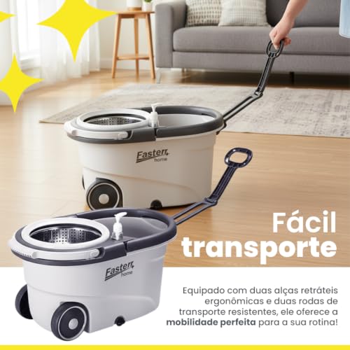 Mop Giratório 360º Fasterr FST104 Cesto em Inox 14L | Cabo Regulável até 160cm | Kit com Escova Abrasiva e Dispenser de Sabão | Limpeza Doméstica e Comercial
