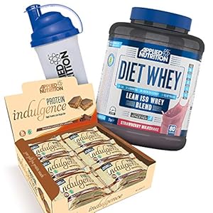 Applied Nutrition Bundle Diet Whey Protein Powder Low Carb & Sugar 2kg + Protein Indulgence High Protein Low Sugar Bar Box 12 x 50g + 700ml Shaker (Diet Whey Straw + Choc Caramel Bars)