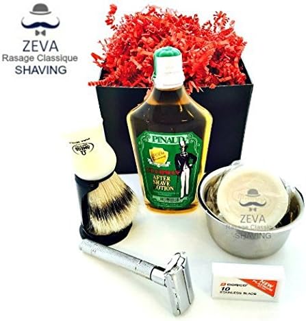 Mens Shaving DE Safety Razor Kit Vintage Badger Hair Shaving Brush Stainless Steel Omega Shaving Brush 10 Dorco Blades Pinaud After Shave ZEVA shaving