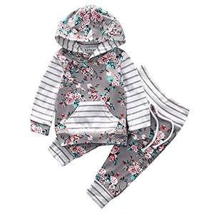 Image of Baby Girl 2pcs Set Outfit Flower Print Hoodies with Pocket Top+Striped Long Pants (6-12M, Grey)