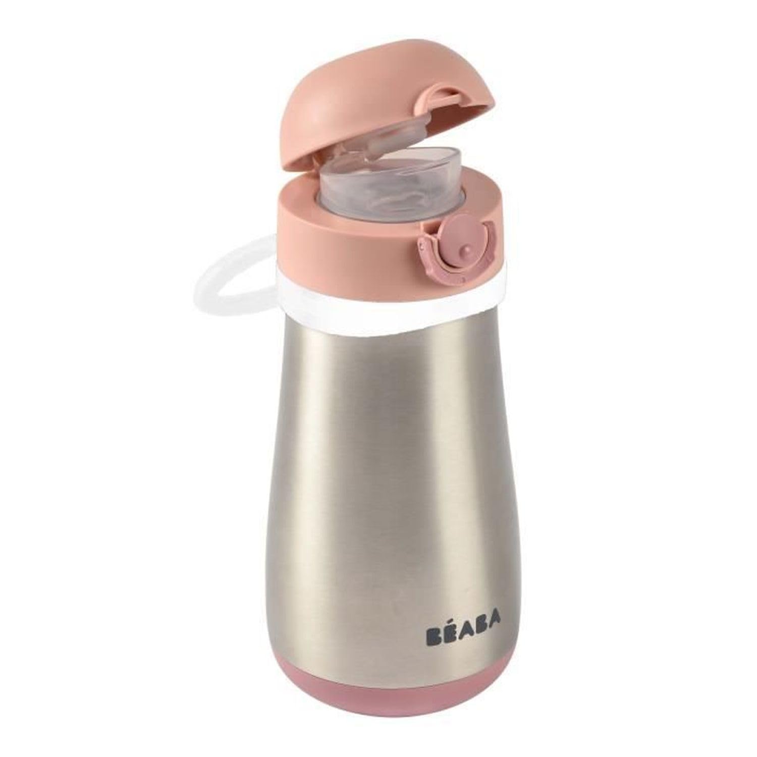 Béaba 2 in 1 Childrens Stainless Steel Bottle, Bottle/Glass Function, Push Button for Easy Opening, Solid, Healthy, Removable Handles, Stainless Steel Cold/Hot, 350ml, Old Pink