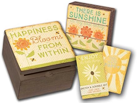 Garden Theme Gift Sets - Happiness Blooms From Within Box Sign Box There Is Sunshine In My Soul Today Slat Box Sign and Enjoy The Little Things and Start Each New Day Happy Sketch &amp; Scribble Set