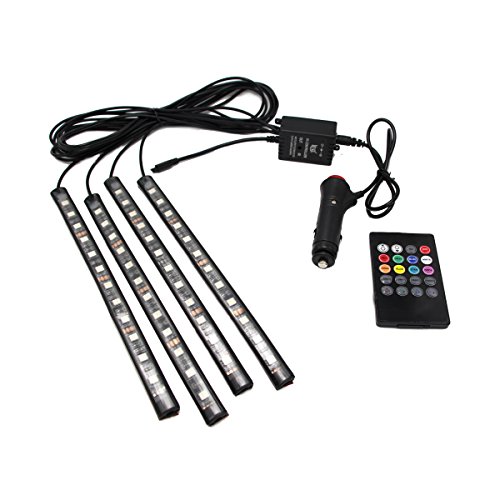JOJOO 4pcs 12 LED Multi-color Remote Control Car LED Interior Lights Atmosphere Neon Lights Kit with Sounds-activated & Wireless IR Remote Control, Car Charger Included, MA011