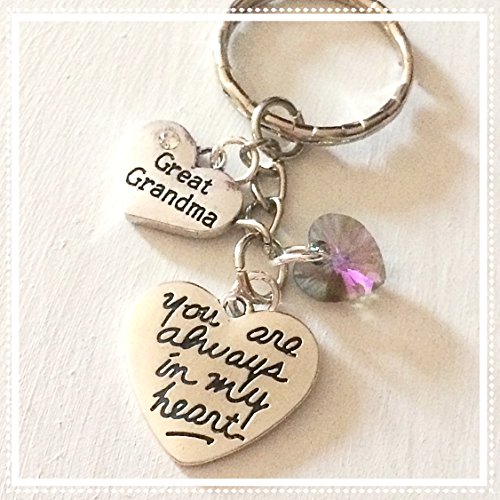 Great Grandma Silver Charm Keychain Gift You Are Always in My Heart with Swarovski Crystal Pendant