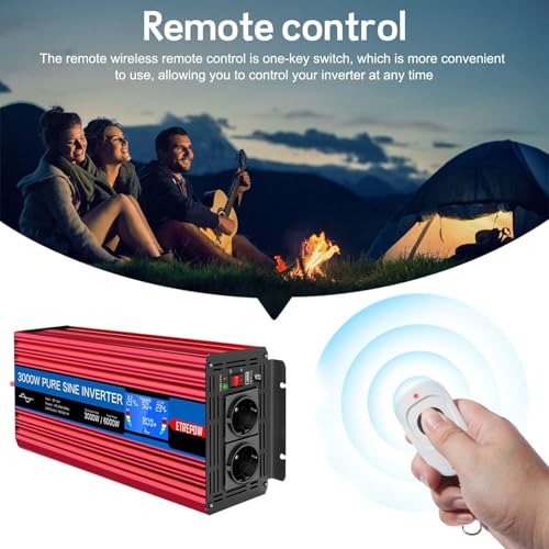 ETREPOW 3000W/6000W Inverter 24V 220V Pure Sine Wave Transformer with 2 EU Sockets and a USB, Wireless Remote Control and LCD Display, Suitable for Solar Systems, Caravans, Trucks, Camping