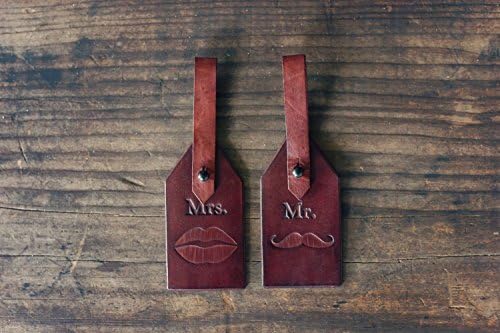 Custom Leather Luggage Tags, Initials Key Chain, Set of 2 leather tags, Wedding Party Favor, Personalized Keychain, Leather Keyring, gift, Mustache, lips kiss, Honeymoon, Bridal
