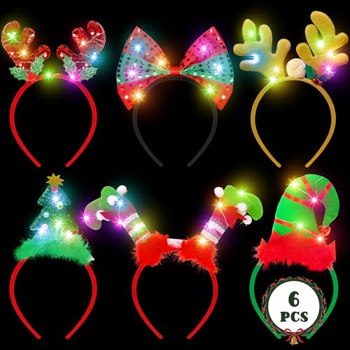 Christmas Light Up Headband, Reindeer Antler Santa Hat Christmas Tree Hat Bow HairHoop for Xmas Party Favors Decorations