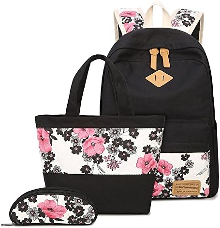 Canvas Backpacks Set Student School Backpack Travel Bag Patterned Bookbag Laptop School Backpack for Teen Girl 3 Pieces (one size, red flower)