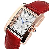 Women Rectangle Watch Waterproof Rose Gold Tone White Dial Wristwatch Roman Numeral With Red Leather Band