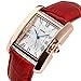 Women Rectangle Watch Waterproof Rose Gold Tone White Dial Wristwatch Roman Numeral With Red Leather Band