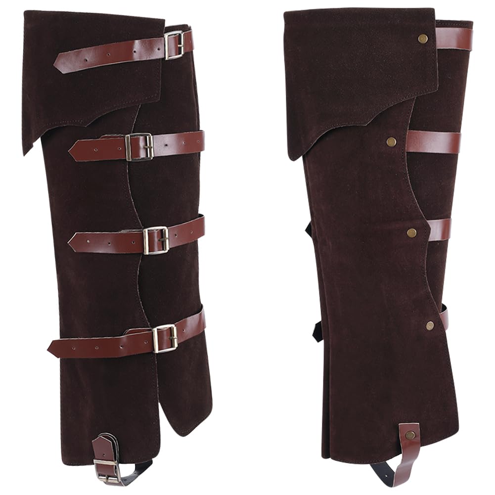 GORGECRAFT 2PCS Knight Leg Guards Medieval Boot Covers Velvet Imitation Leather Pirate Boot Tops with Buckle Straps Punk Leg Warmer Wraps Shoes Accessories for Halloween Cosplay Costume, Saddle Brown