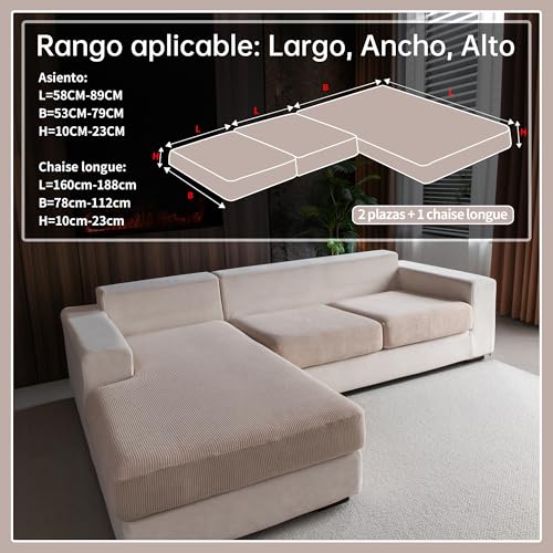 OHSIO Stretch Sofa Cushion Cover, Non-Slip, Washable, Universal, Durable and Easy to Clean (Light Brown, 2 S Seat Covers + 1 Chaise Longue Cover)