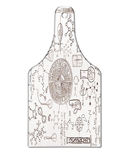 Lunarable Science Cutting Board, Science Theme Hand Drawn Style Chemistry Laboratory Illustration, Decorative Tempered Glass Cutting and Serving Board, Wine Bottle Shape, White Umber