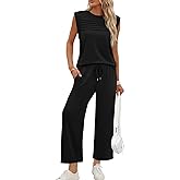 WIHOLL Two Piece Sets for Women Summer Spring Lounge Sets Travel Vacation Outfits Cap Sleeve Side Slit Wide Leg Pants S-3XL