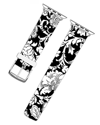 For Apple Watch Band 38mm,Ecute Replacement Band Leather Iwatch Strap With Silver Metal Clasp for Iwatch 38mm Series 3/Series 2/Series 1/Edition/Sport - White Flowers Pattern - Thumbnail 6