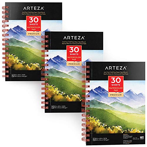 ARTEZA 5.5x8.5" Watercolor Pad, Pack of 3, 90 Sheets (140lb/300gsm), 30 Sheets Each, Spiral Bound Acid Free Cold Pressed Paper, Painting & Drawing Sketchbook, Perfect for Wet, Dry & Mixed Media
