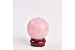 JIC Gem 2.9 Inch Natural Pink Rose Quartz Magic Crystal Healing Ball Ornament Sphere with Wood Stand for Decoration,Meditation, Scrying Mirror,Feng Shui.