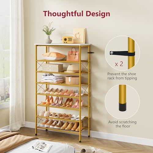 Tajsoon 8 Tier Shoe Rack Organizer for 28-32 Pairs of Shoes, Metal Mesh Shoe Shelf for Closet, Industrial Shoe Rack for Entryway Shoe Storage with X Shape Fixed Frame, White & Gold