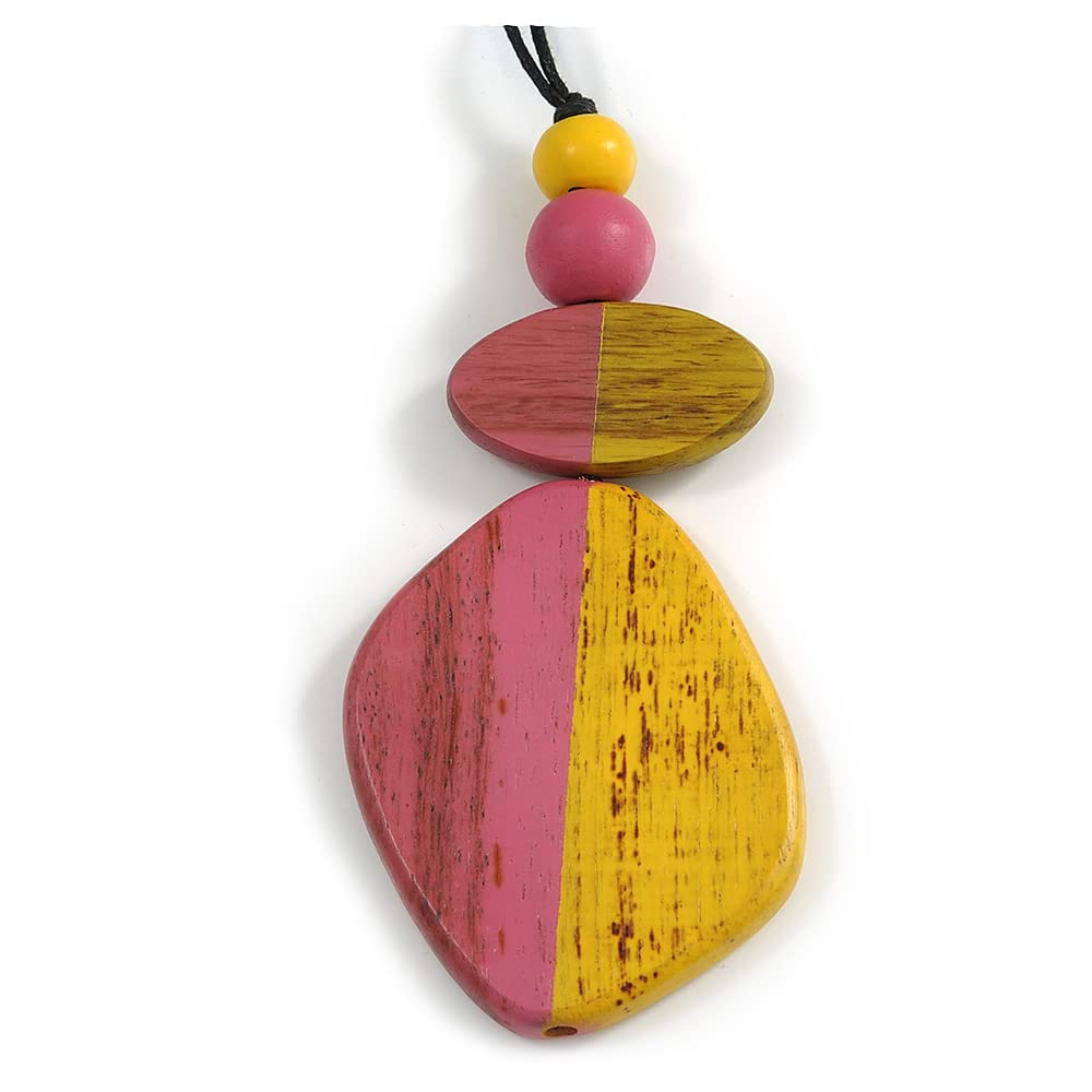 Avalaya Yellow/Pink Geometric Wood Pendant Black Waxed Cotton Cord - 80cm L Max/ 13cm