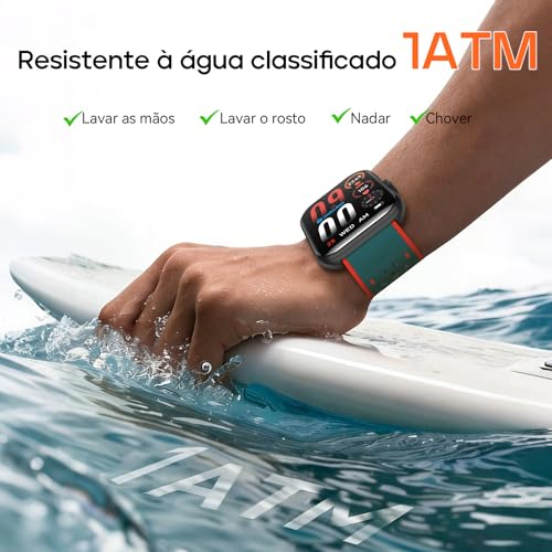 Relógio Smartwatch Masculino e Feminino, 1ATM Impermeável, Chamadas Bluetooth, Monitor de Atividades Físicas, Compatível com Android e iOS, Inclui Pulseira Extra para Uso Diário e Academia