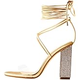 Richealnana Women's Rhinestones Block Heel Lace Up Ankle Wrap Heeled Sandals