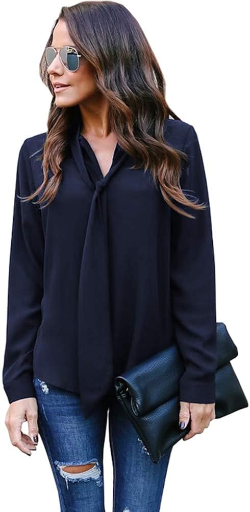 Toimothcn Womens Loose Dress Shirts Solid Long Sleeved V-Neck Chiffon Shirt Top Blouse