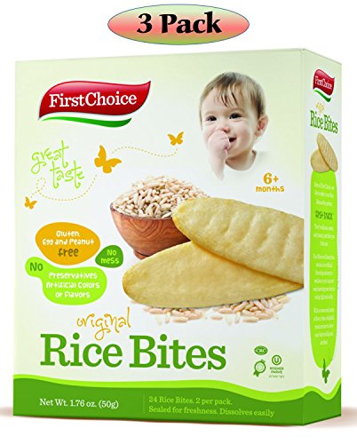 3 Pack First Choice Rice Bites Baby Food - Original Flavor - Kosher Certified - Gluten / Peanut Free - No Artificial Flavors - No Preservatives - Ideal Snack for Teething Infant Babies - 72 Pieces