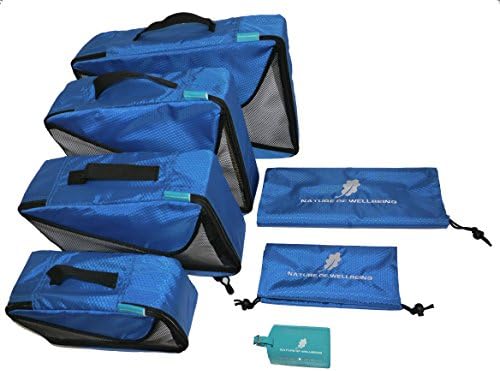 Premium 7 Piece Travel Organizer Packing Cubes Accessories Set by Nature of Wellbeing w/ Laundry Bag, Shoe Bag, &amp; Luggage Tag