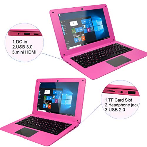 Tocosy Laptop 10.1Inch Quad Core Windows 10 HD Graphics Ultra Thin Computer PC, 2GB RAM 32GB Storage 1.92GHZ USB 2.0 WiFi Bluetooth HDMI IPS Display Notebook (Pink)