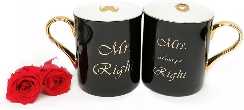 Coffee Mugs Set Gold Bone China Mr Right and Mrs Always Right Black Glossy Vintage with Gift Box