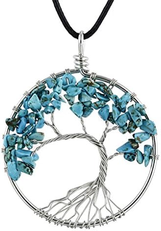 AUWU Women Handmade Natural Crystal Stone Lucky Life Tree Pendant Necklace Ladies Multicolor Wisdom Tree Leather Chain
