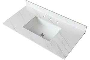 Runboll Bathroom Vanity Top 43" x 22" Sintered Stone Vanity Sink Top 3 Holes with Rectangle Under-Mount Middle Ceramic Sink and 1 Backsplash