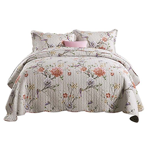 Artextile Fresh Flower Design Reversible Pastoral Patchwork Coverlet Bedspread 3-Pieces Quilt Set ,Queen Size (Queen, Flower and Bird World)