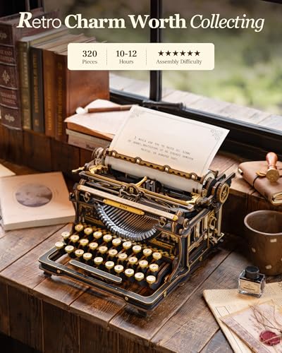 ROKR 3D Wooden Puzzle Typewriter for Adults - Black and Gold, Mechanical Modelling Kit, Vintage Model for Office, DIY Gift for Patient Builders (Black)