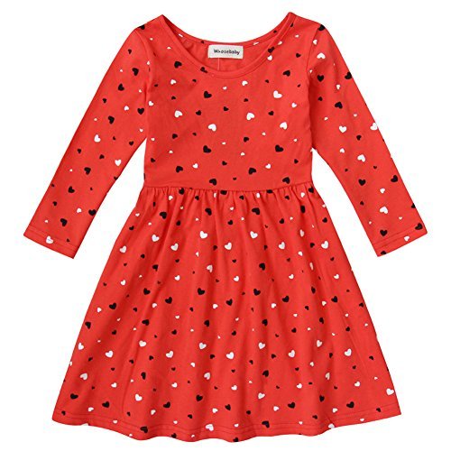 Frogwill Girls Long Sleeve Casual Dress Dots Heart Printed (7T, Red)